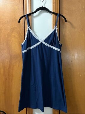 Fashion Nova Navy Slip Dress with White Lace Trim